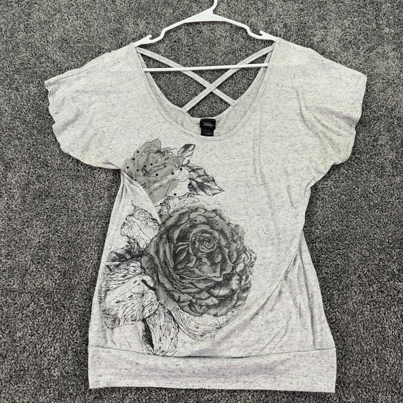 Vanity Tops - Vanity Shirt Womens Large Gray Floral Rhinestone Top Casual City Flower